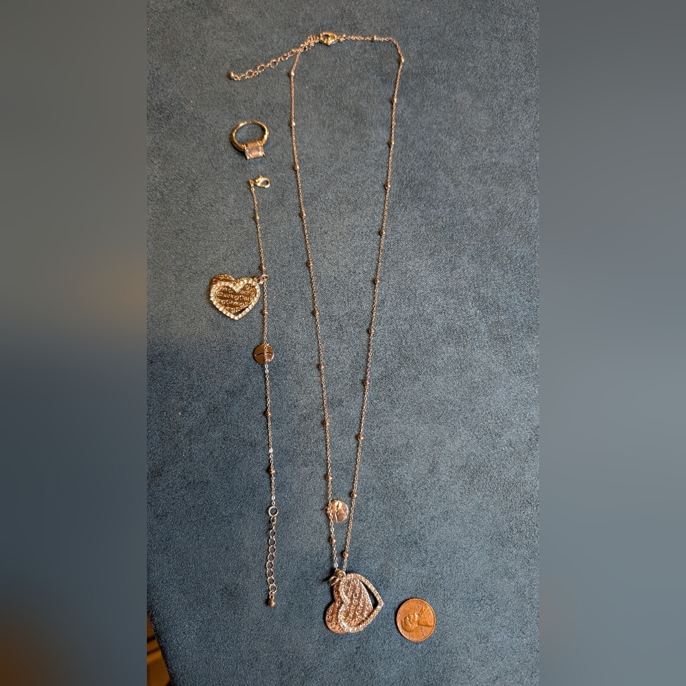 Elegant Gold Heart 26 Inch Pendant Necklace Set . Ring And 14inch Bracelet